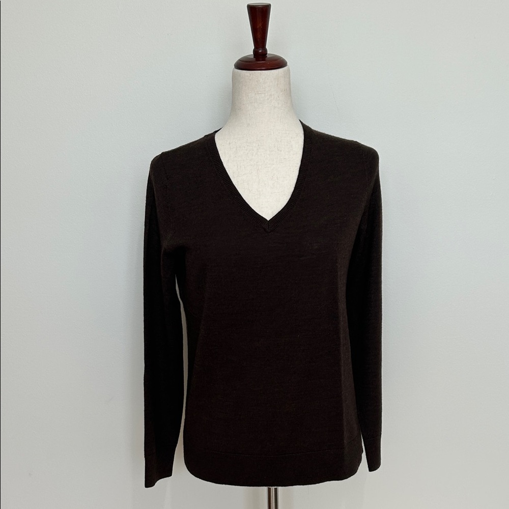 Talbots Dark Brown Merino Wool V-Neck Sweater Size Medium Petite‎ EUC